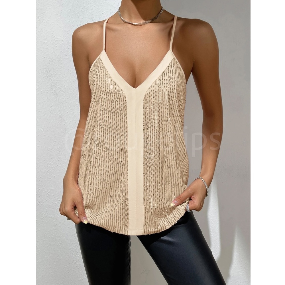 Sequin Detail Champagne Gold Cami Top - Picture 6 of 10